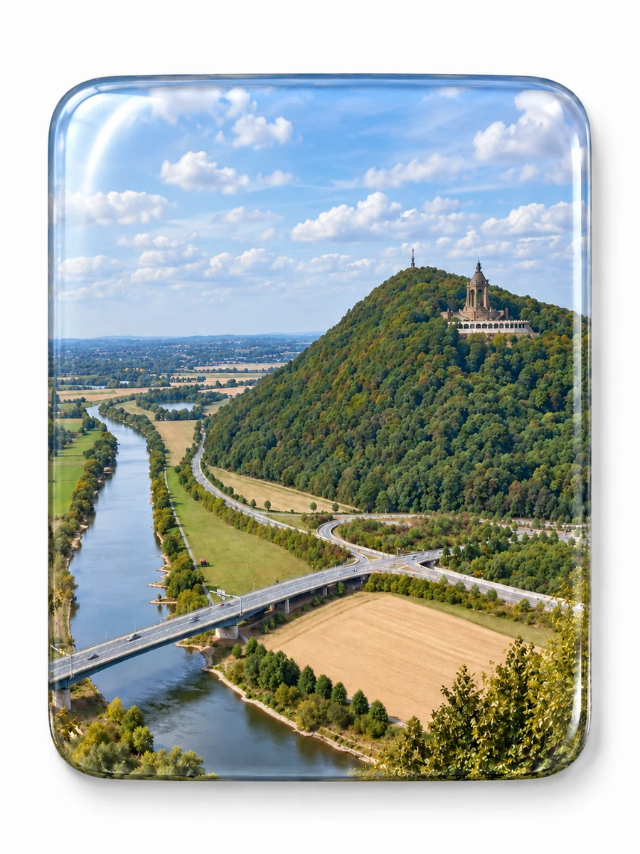 KI-generierter Blick über das Wesertal mit Wittekindsberg und Kaiser-Wilhelm-Denkmal in Porta Westfalica